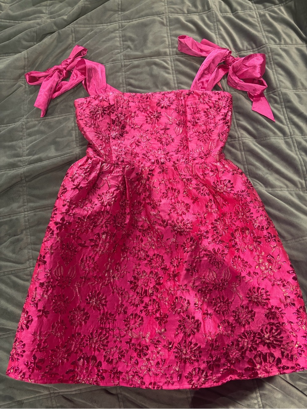 Sugarlips Hot Pink Floral Jacquard Mini Dress with Tie Straps